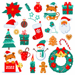  Set of Christmas elements. Color vector elements. Illustration for happy new year decor.