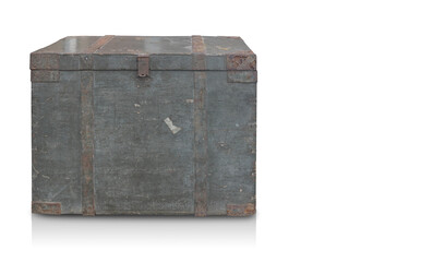 front view old and rust green wooden box on white background, object, container, copy space