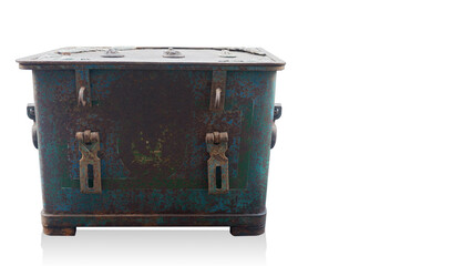 front view old blue steel box on white background, object, retro, copy space