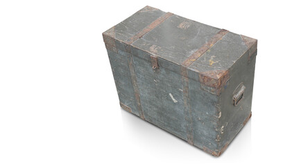 old and dirty green wooden box on white background, object, container, vintage, copy space