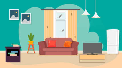 Interior of living room with sofa, lamp, window Free Vector