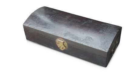 top view old black wooden box on white background, object, vintage, retro, copy space