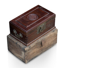 top view old two stacked boxes on white background, object, retro, copy space