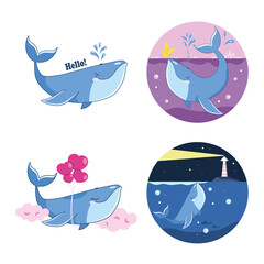 Naklejka premium A blue whale greets, a whale in love in the clouds, a whale with a friend, a whale and a lighthouse