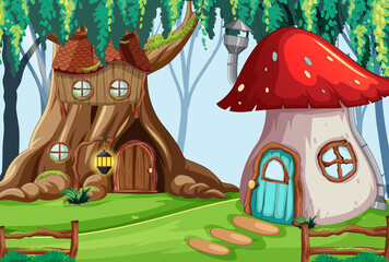 Hollow tree house and mushroom house in enchanted forest