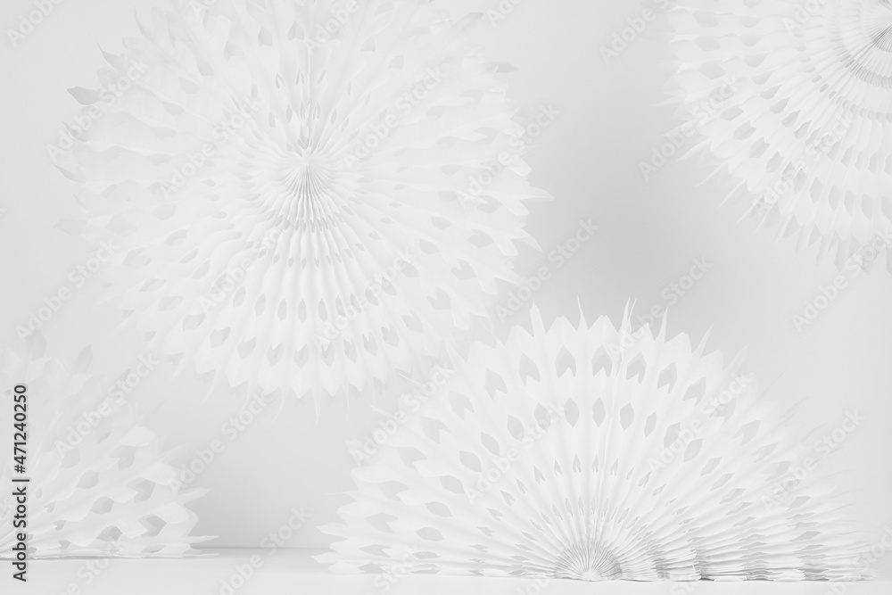 Poster bright soft light white abstract background with circle ribbed carved decorations flying and standin