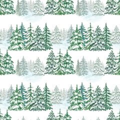 Winter snowy forest seamless pattern. Watercolor spruce and pine trees background. Natural hand painted backdrop. For Christmas packaging design, cards, invitation, wrapping paper.