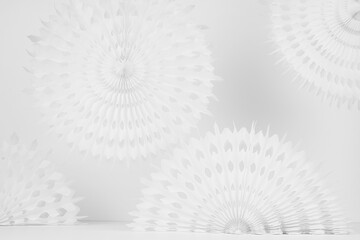 Bright soft light white abstract background with circle ribbed carved decorations flying and standing on table in minimal geometric style.