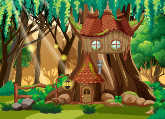 Fantasy forest background with tree house
