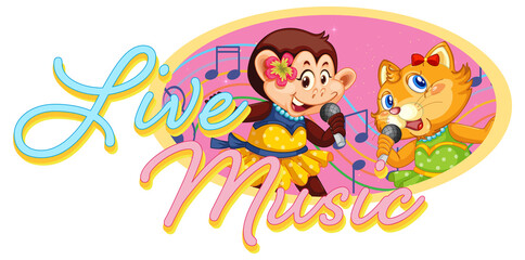 Obraz na płótnie Canvas Live Music logo with monkey and cat singing