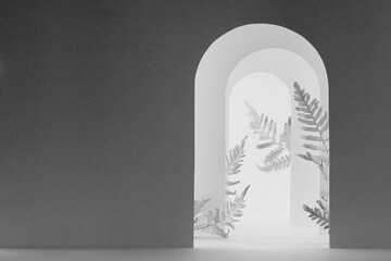 Abstract scene template with white and dark grey arches gate, fern leaves, shadows for presentation cosmetic product, design, advertising in exquisite elegant floral tropical style.