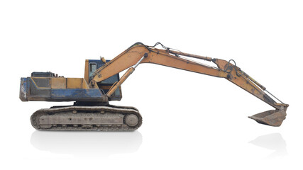 Side view big old and rust yellow and blue Grade and loader car on white background,transportation, copy space