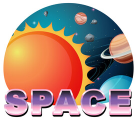 Space word design on sun and other planets