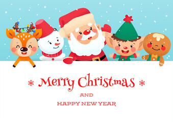 Fototapeta na wymiar Cute Merry Christmas card with cartoon characters. Winter illustration of funny Santa Claus, an elf, a gingerbread man, a snowman and a little deer holding a big white signboard on a snowy background.