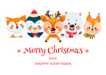 Cute Christmas card with cartoon animals. Winter illustration of a funny deer, a polar bear, a fox, a squirrel and a penguin holding a big white signboard on a white background.