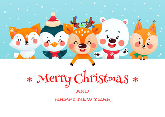 Cute Christmas card with cartoon animals. Winter illustration of a funny deer, a polar bear, a fox, a squirrel and a penguin holding a big white signboard on a snowy background.