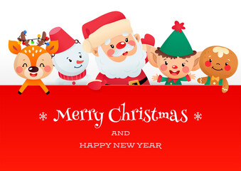 Fototapeta na wymiar Cute Merry Christmas card with cartoon characters. Winter illustration of funny Santa Claus, an elf, a gingerbread man, a snowman and a little deer holding a big red signboard on a white background. 