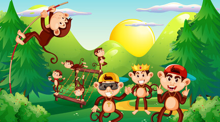 Obraz na płótnie Canvas Little monkeys playing in forest scene