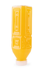 Selective focus of strawberry juice in a small clear glass bottle. Fresh fruit juice. Blank labels. Isolated on white background.