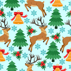 Seamless vector pattern with deer, fir tree, bell, holly and snowflake. Winter background with Christmas attributes. Festive template for design of postcard, invitation and wrapping paper.