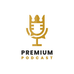 A minimalist premium podcast logo vector with crown and microphone symbol combination.