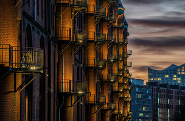 Detailed high dynamic photography of the old Speicherstadt in Hamburg, Germany with the new...