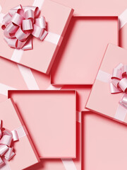 Minimal copy space for Christmas, New year and holiday season. Open pink gift box with ribbon bow on pink background. 3d render illustration. Clipping path of each element included.
