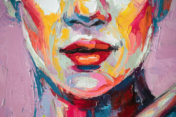 Fragment Oil portrait painting in multicolored tones. Abstract picture of a beautiful woman. Conceptual closeup of an oil painting and palette knife on canvas.