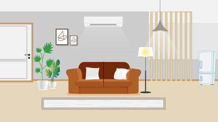 cartoon interior of a living room with sofa, Air condition, lamp full free vector