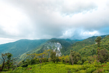 Panoramic view of mountains under cloudy sky in Uttarakhand