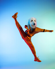 Full-length creative portrait of young girl, hip-hop dancer headed of dog's head in action isolated on colorful background in neon light. Image montage