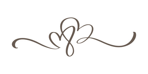 Flourish vintage Vector divider Valentines Day Hand Drawn Black Calligraphic Two Hearts. Calligraphy Holiday illustration. Design element valentine. Icon love decor for web, wedding - obrazy, fototapety, plakaty