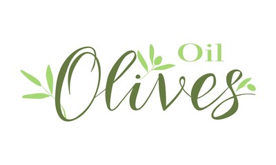 Fototapeta premium Olives. Green lettering with olives and leaves. Vector lettering for olive oil product packaging or farmers market. Design for Italian, Spanish or Mediterranean cuisine.
