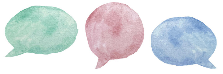 Watercolor colorful speech and thought communication bubbles isolated on white