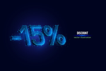 15 percent off digital wireframe made of connected dots. Holiday discount low poly vector illustration on blue background.