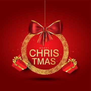 Merry Christmas background. Christmas golden ring with gift boxes . wed banner Vector illustration design