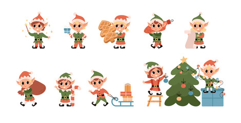 Christmas elves collection. Santa Claus helper. Set of cute character with gifts and christmas tree. Festive elf isolated on white background. - obrazy, fototapety, plakaty