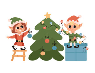 Elves decorate christmas tree with ornaments and light bulbs. Santa Claus helper. Cute vector character. Festive elves isolated on white background.
