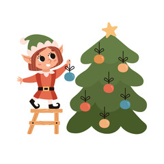 Elf decorates christmas tree with ornaments. Santa Claus helper. Cute vector character. Festive elf isolated on white background.