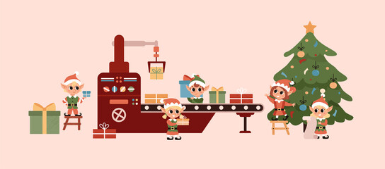 Christmas elves. Santa Claus helper. Elves work on the conveyor belt, make gifts. Factory for the production of gifts at the North Pole.