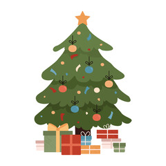 Christmas tree with ornaments, colorful light bulbs, star and gifts. Vector illustration isolated on white background.