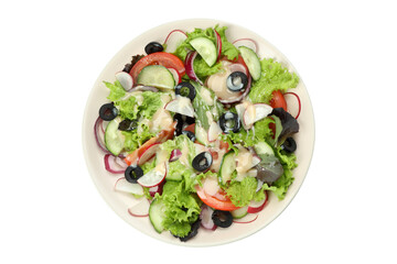 Concept of tasty food with vegetable salad with tahini sauce isolated on white background