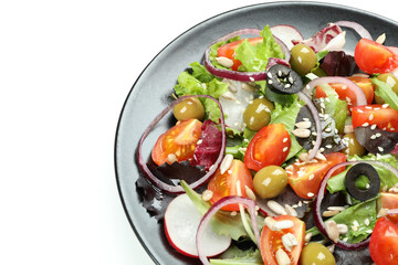 Concept of tasty food with vegetable salad with tahini sauce isolated on white background