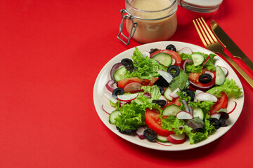 Concept of tasty food with vegetable salad with tahini sauce on red background