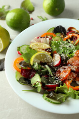 Concept of tasty food with vegetable salad with tahini sauce close up