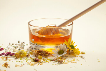 Honey in a glass bowl.