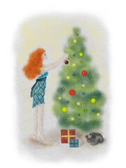 A girl dresses up a Christmas tree. New Year's illustration