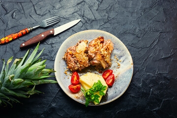 Piece pork baked with pineapple