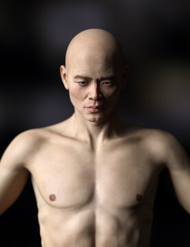Topless bald athletic asian man. Low key studio portrait. 3D rendering.