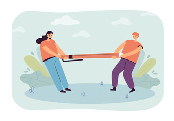 Angry authors, artists or journalists fighting over pen. Man and woman tugging at two ends of pencil flat vector illustration. Creativity, conflict, copyright concept for banner or landing web page